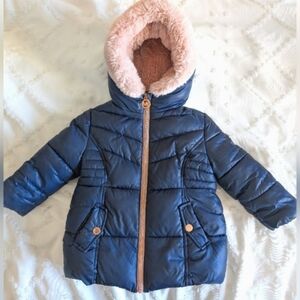 Michael Kors Faux Fur Hooded Puffer Jacket Size 24 Months Navy and Pink